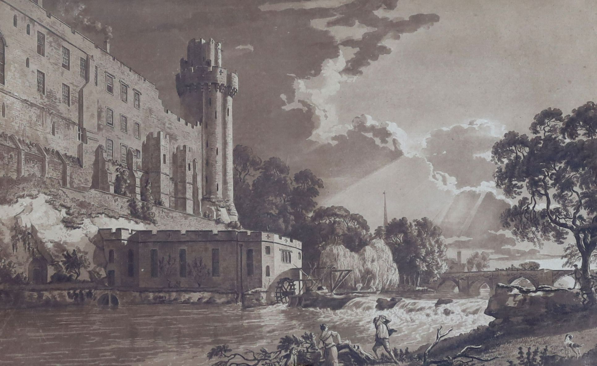 Paul Sandby RA (1730-1809), Warwick Castle, c.1775, watercolour and ink en grisaille, signed and dated 1775., 29 x 45cm